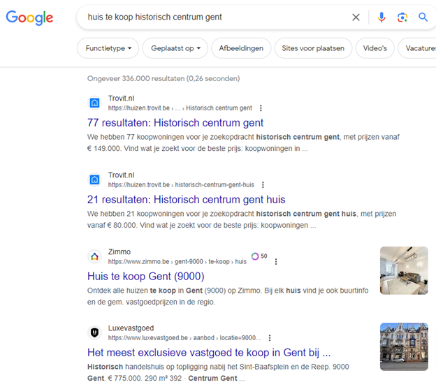 Google zoekresultatenpagina met verschillende zoekresultaten voor de zoekopdracht "huis te koop historisch centrum gent"

