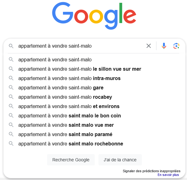Page de résultats de recherche Google affichant divers résultats de recherche pour la requête donnée "appartement à vendre saint-malo"