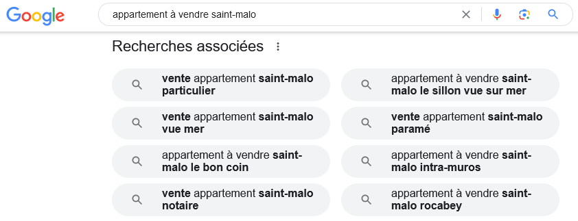 Page de résultats de recherches associées Google affichant divers résultats de recherche pour la requête donnée "appartement à vendre saint-malo"