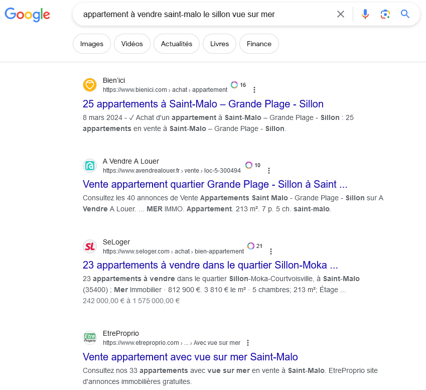 Page de résultats Google pour la requête "appartement à vendre saint-malo le sillon vue sur mer"